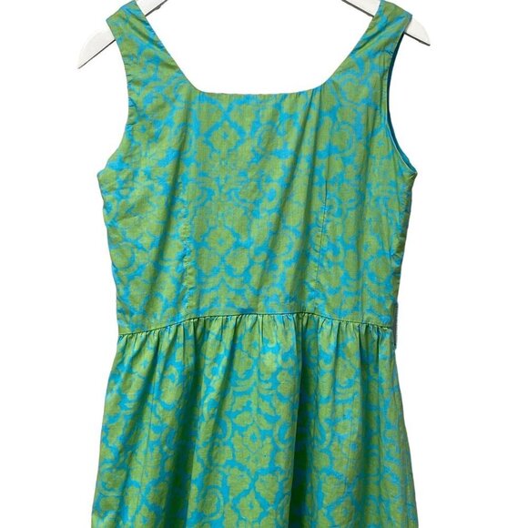 GARNET HILL Cotton Dress Size 8 Green Blue Boho Preppy Print Sleeveless Sash Tie - Picture 11 of 13